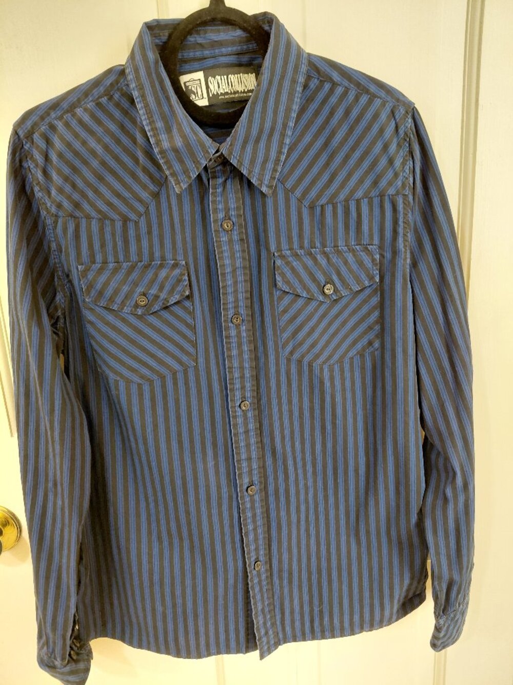 Black and blue striped, long-sleeved button down